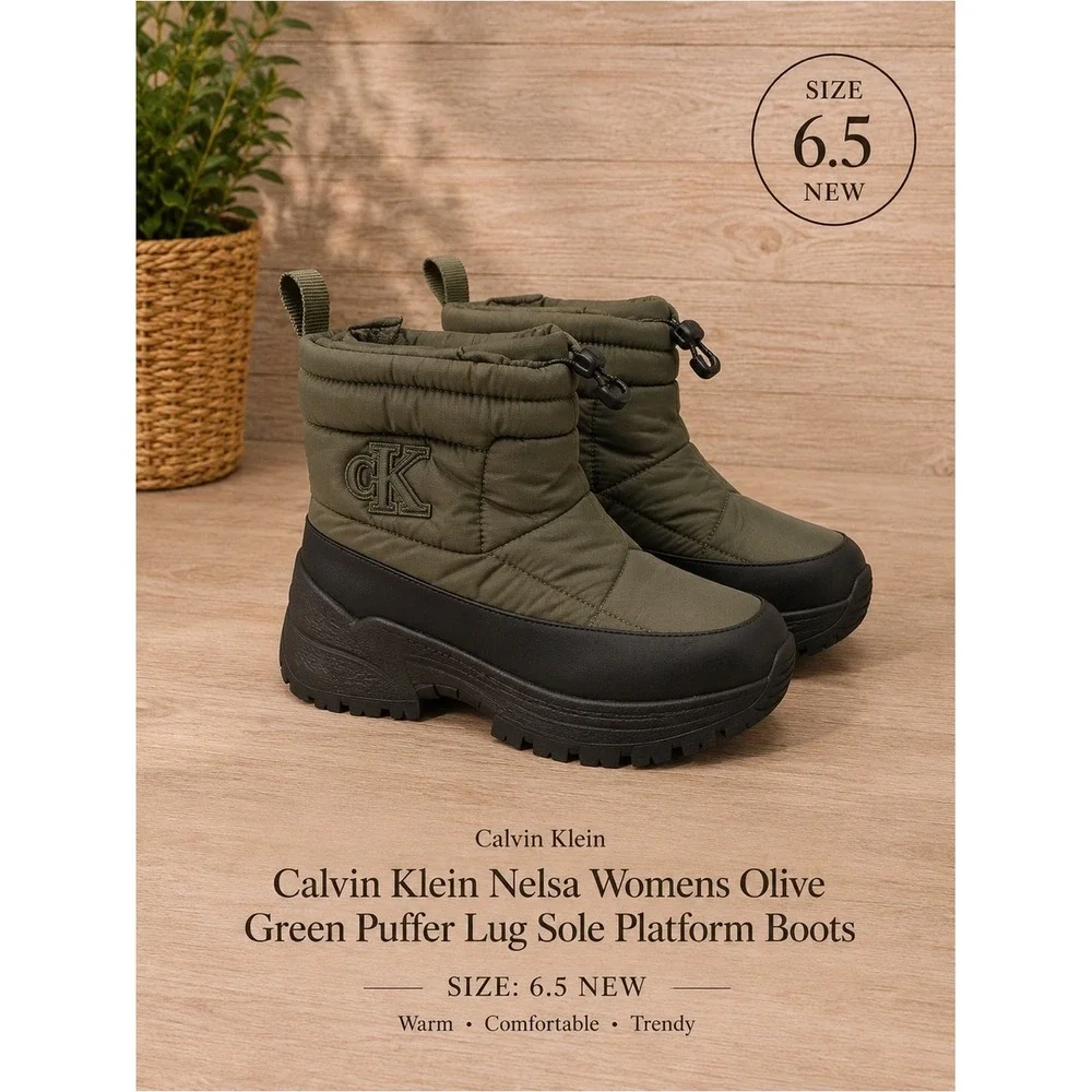 Calvin Klein Nelsa Womens Olive Green Puffer Lug Sole Platform Boots 6.5 NEW